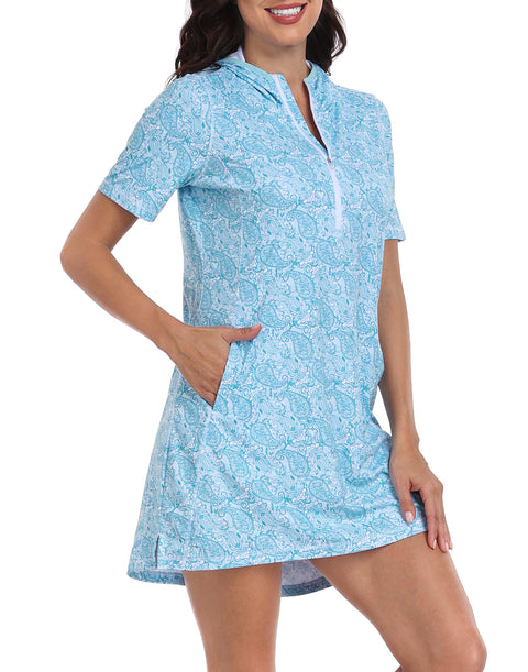Women's Short Sleeve UPF 50 Beach Coverup Dress with Hood
