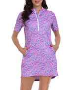 Women's Short Sleeve UPF 50 Beach Coverup Dress with Hood