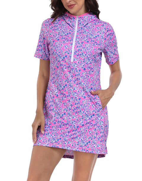 Women's Short Sleeve UPF 50 Beach Coverup Dress with Hood