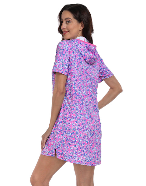 Women's Short Sleeve UPF 50 Beach Coverup Dress with Hood