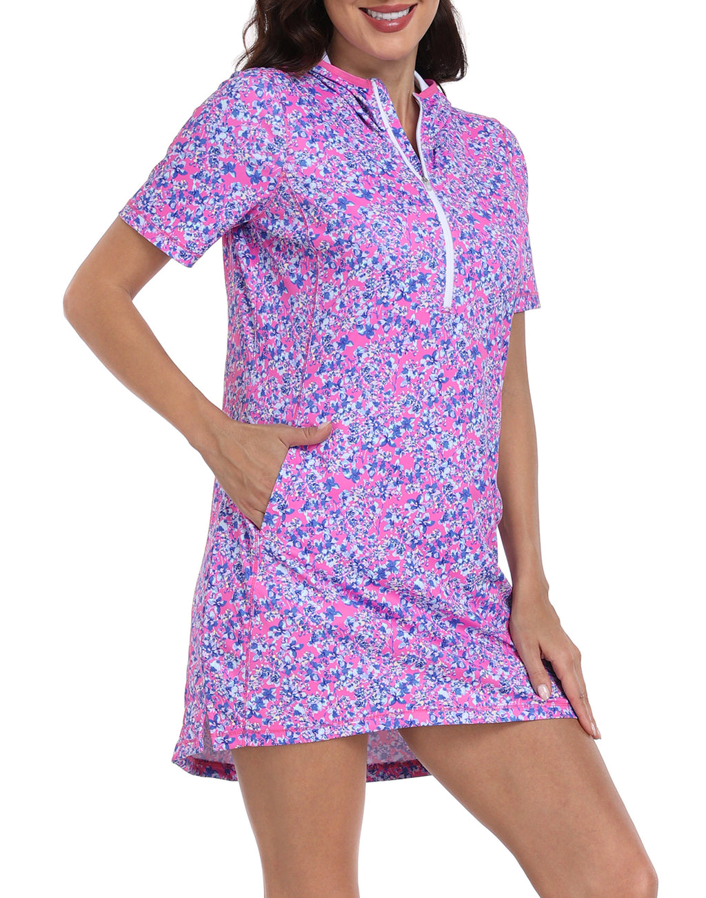 Women's Short Sleeve UPF 50 Beach Coverup Dress with Hood