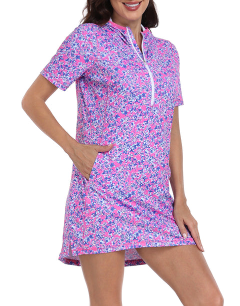 Women's Short Sleeve UPF 50 Beach Coverup Dress with Hood