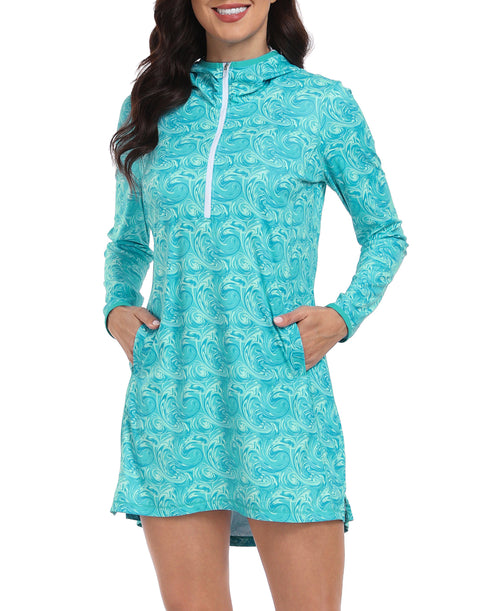 Ocean Swirl Beach Coverup Long Sleeve Swim Dress with Hood