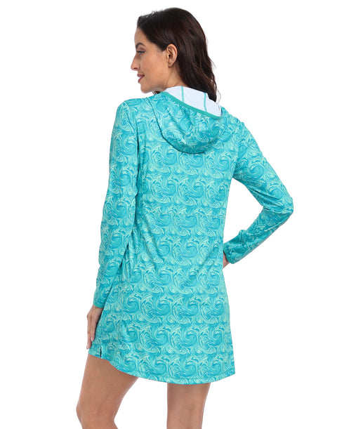 Ocean Swirl Beach Coverup Long Sleeve Swim Dress with Hood