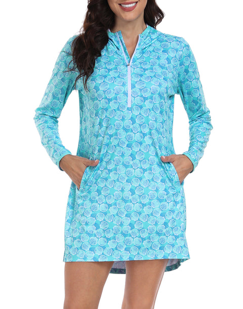 Ocean Mist Swirl Beach Coverup Long Sleeve Swim Dress with Hood