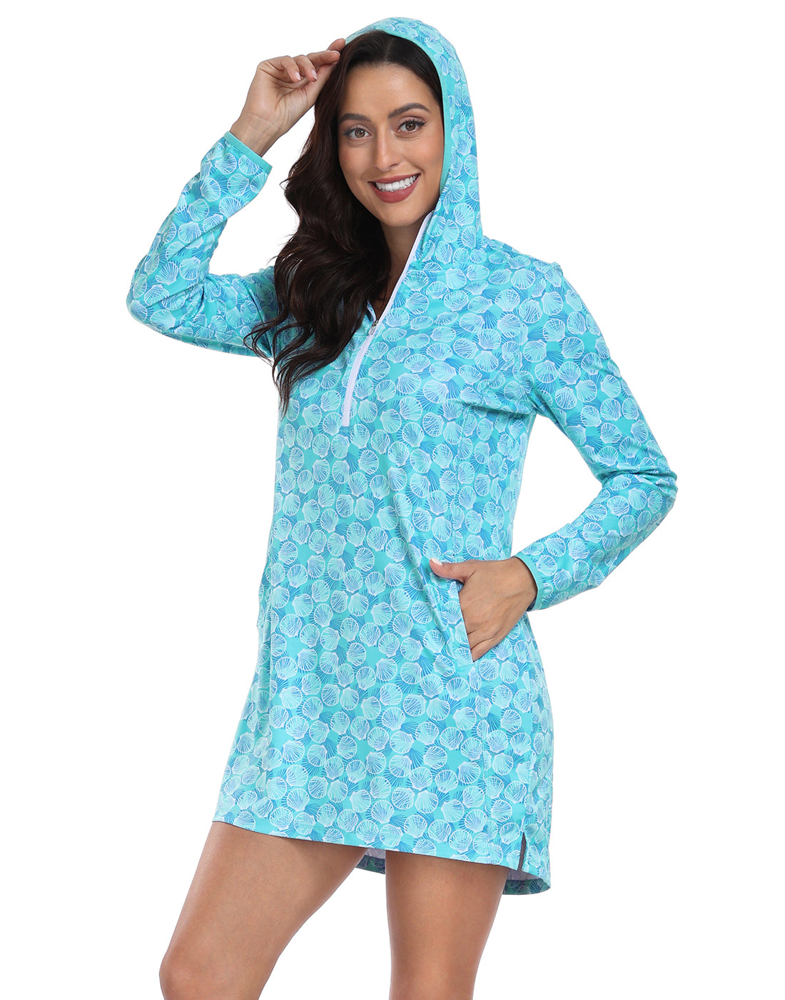 Ocean Mist Swirl Beach Coverup Long Sleeve Swim Dress with Hood Secondary image