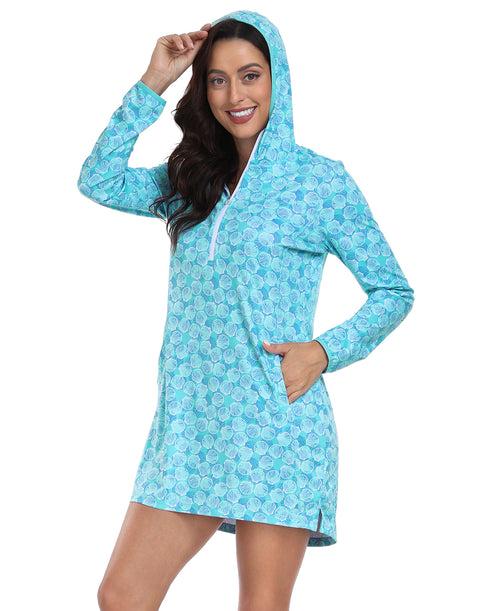 Ocean Mist Swirl Beach Coverup Long Sleeve Swim Dress with Hood