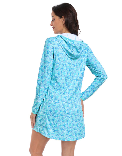 Ocean Mist Swirl Beach Coverup Long Sleeve Swim Dress with Hood