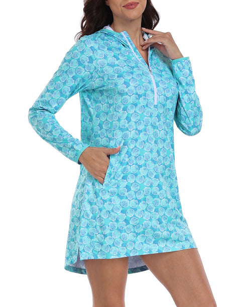 Ocean Mist Swirl Beach Coverup Long Sleeve Swim Dress with Hood