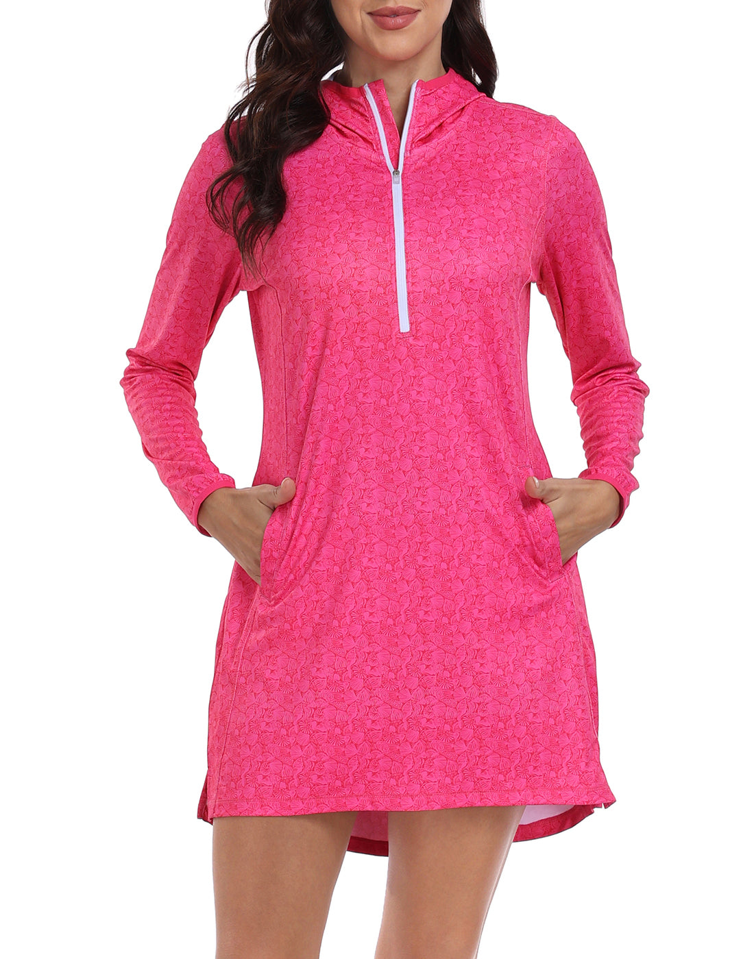 Hot Pink Seashells Beach Coverup Long Sleeve Swim Dress with Hood Main image