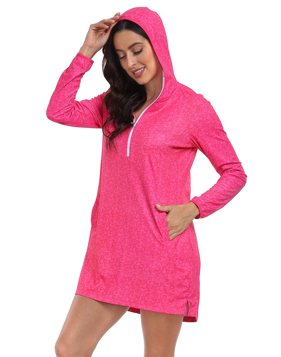 Hot Pink Seashells Beach Coverup Long Sleeve Swim Dress with Hood Secondary image