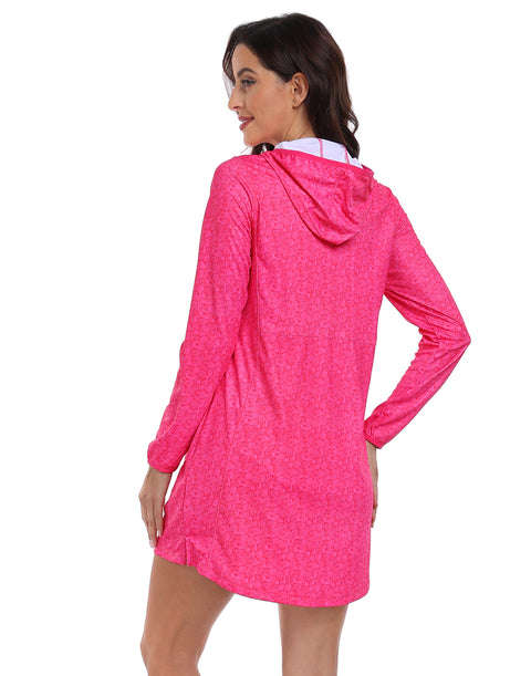 Hot Pink Seashells Beach Coverup Long Sleeve Swim Dress with Hood