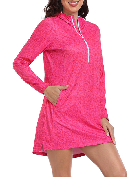 Hot Pink Seashells Beach Coverup Long Sleeve Swim Dress with Hood