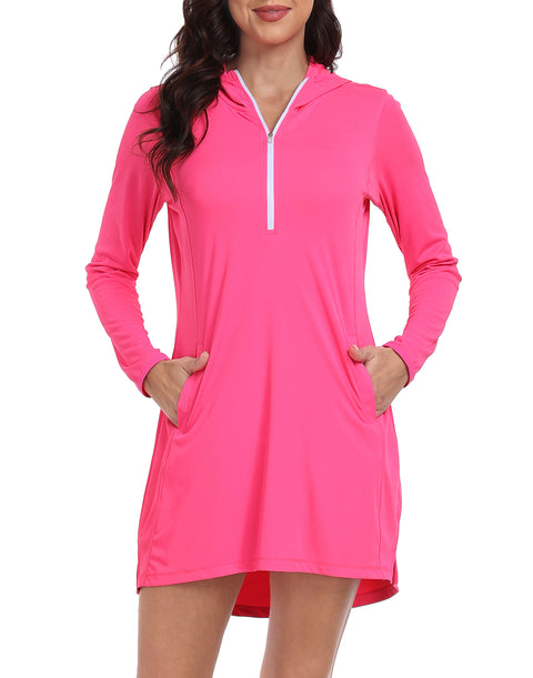 Hot Pink Beach Coverup Long Sleeve Swim Dress with Hood