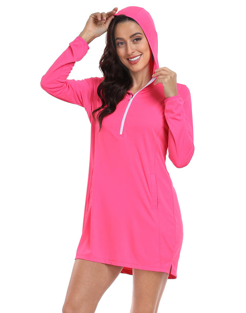 Hot Pink Beach Coverup Long Sleeve Swim Dress with Hood