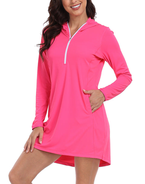 Hot Pink Beach Coverup Long Sleeve Swim Dress with Hood