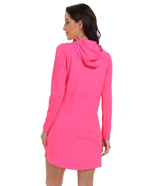Hot Pink Beach Coverup Long Sleeve Swim Dress with Hood