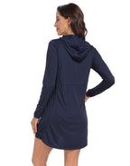 Maritime Navy Blue Beach Coverup Long Sleeve Swim Dress with Hood