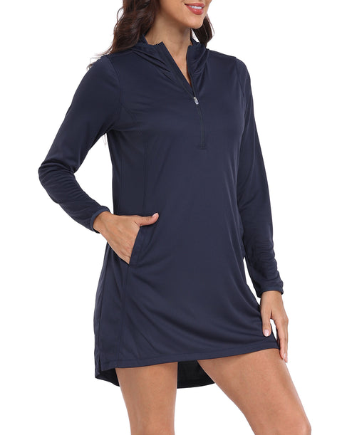 Maritime Navy Blue Beach Coverup Long Sleeve Swim Dress with Hood