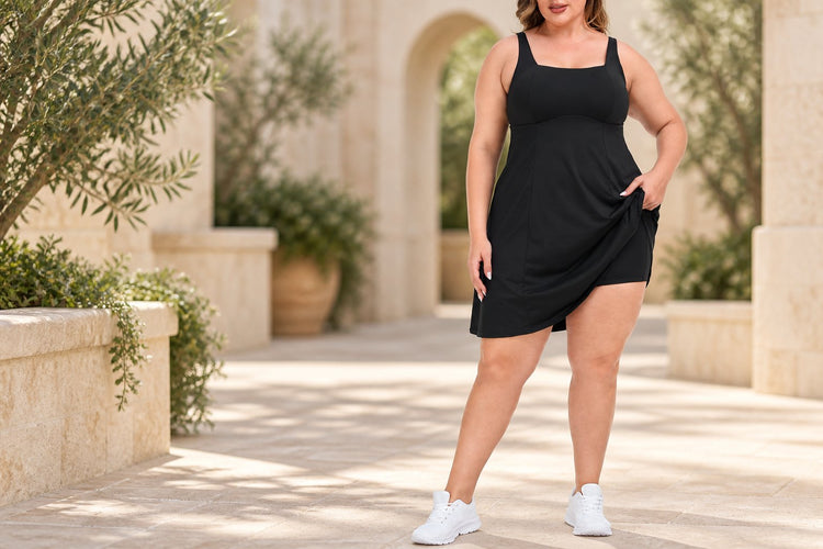 HDE plus size black tennis dress with built-in shorts and bra