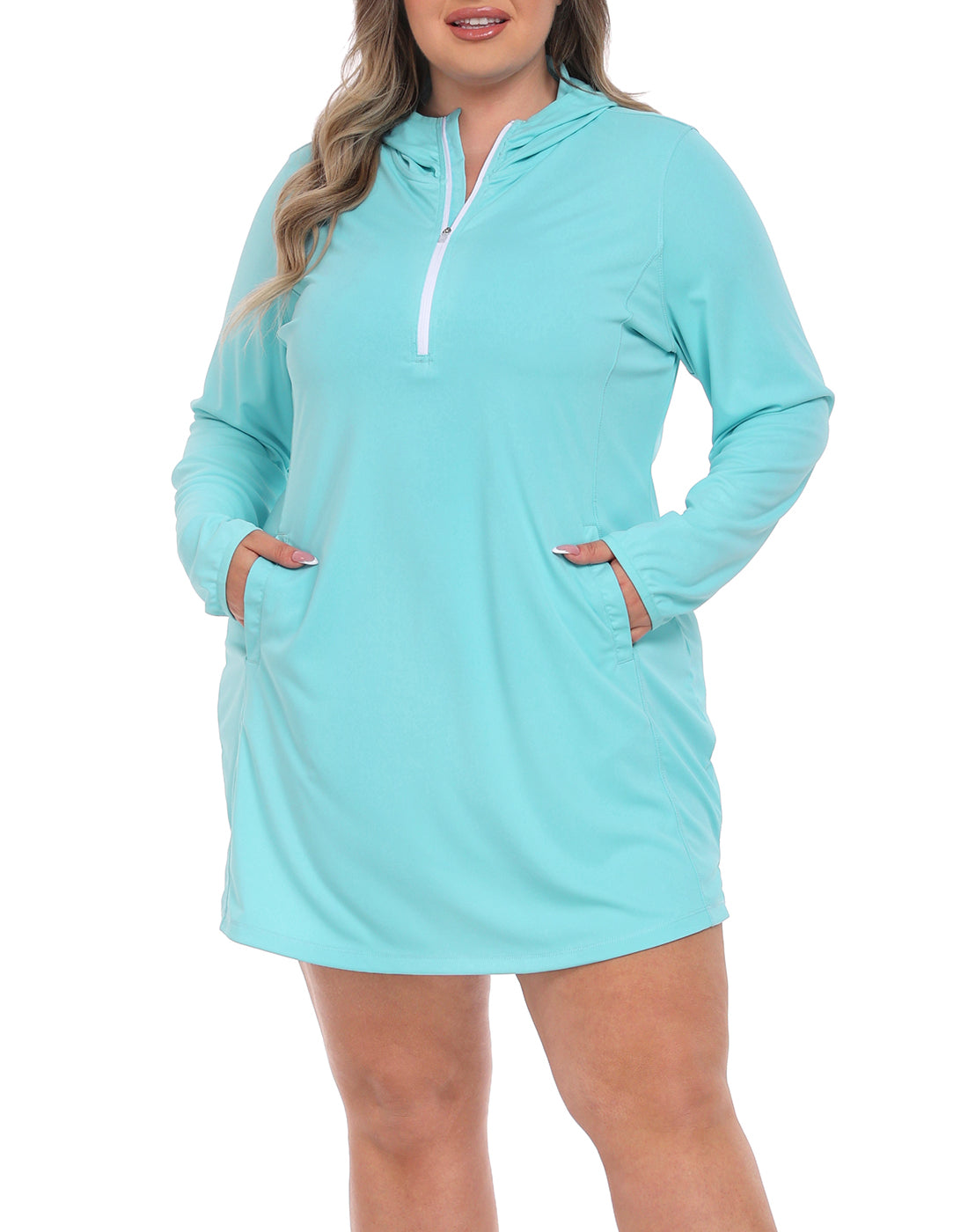 Women's Plus Size Long Sleeve Swim Coverup Dress with Hood