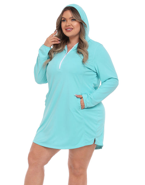 Women's Plus Size Long Sleeve Swim Coverup Dress with Hood