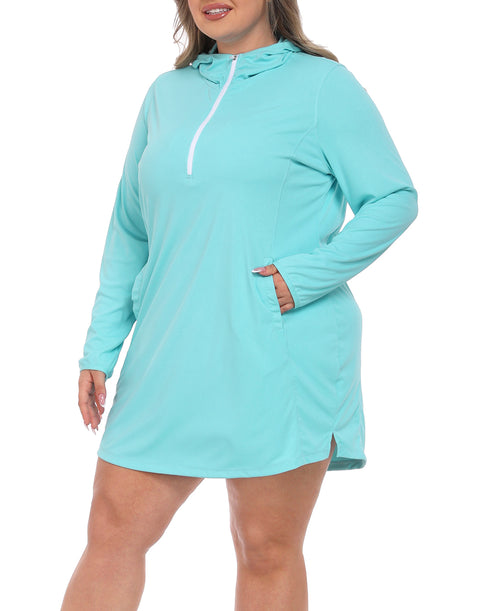 Women's Plus Size Long Sleeve Swim Coverup Dress with Hood