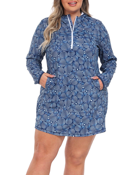 Women's Plus Size Long Sleeve Swim Coverup Dress with Hood