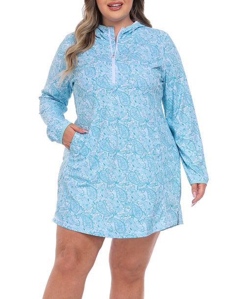 Women's Plus Size Long Sleeve Swim Coverup Dress with Hood
