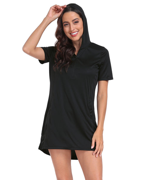 Women's Short Sleeve UPF 50 Beach Coverup Dress with Hood