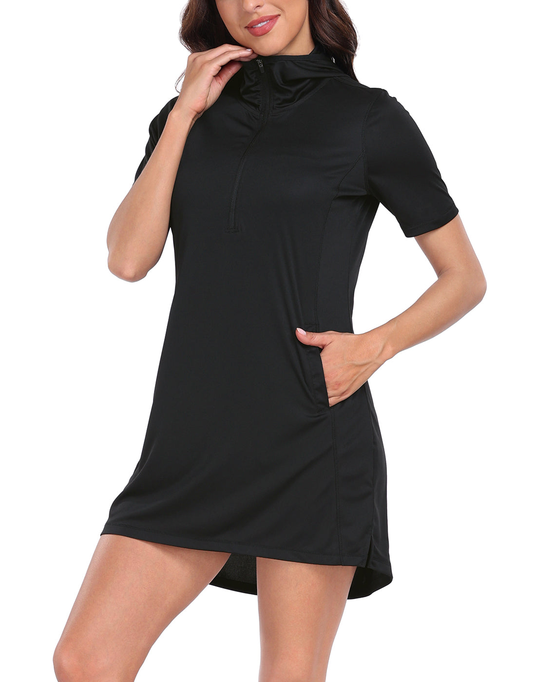 Women's Short Sleeve UPF 50 Beach Coverup Dress with Hood