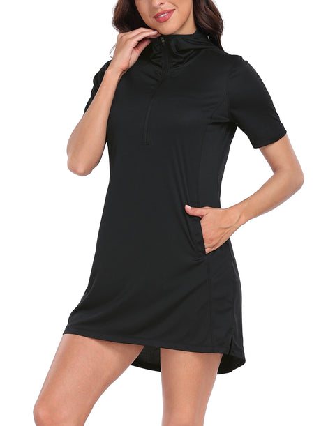 Women's Short Sleeve UPF 50 Beach Coverup Dress with Hood
