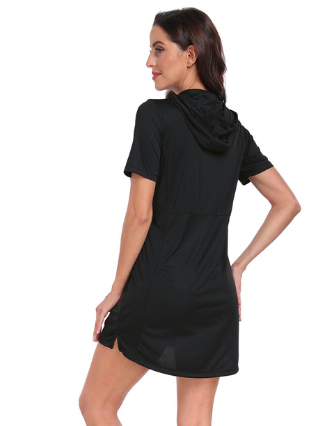 Women's Short Sleeve UPF 50 Beach Coverup Dress with Hood