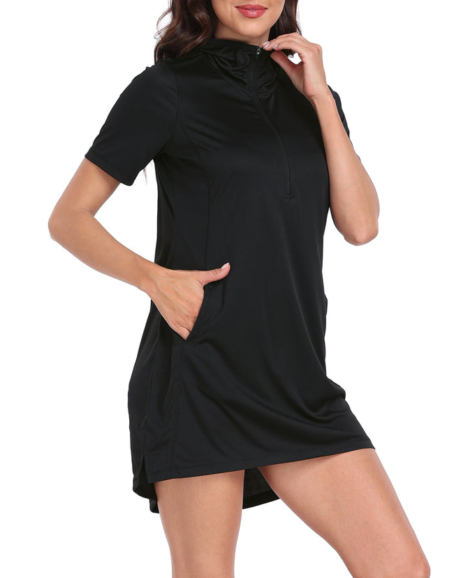 Short Sleeve UPF 50 Beach Coverup Dress Hooded – close-up detail