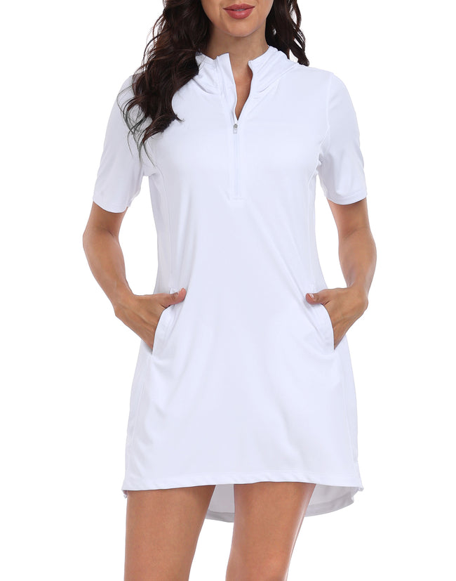 Short Sleeve UPF 50 Beach Coverup Dress Hooded in White