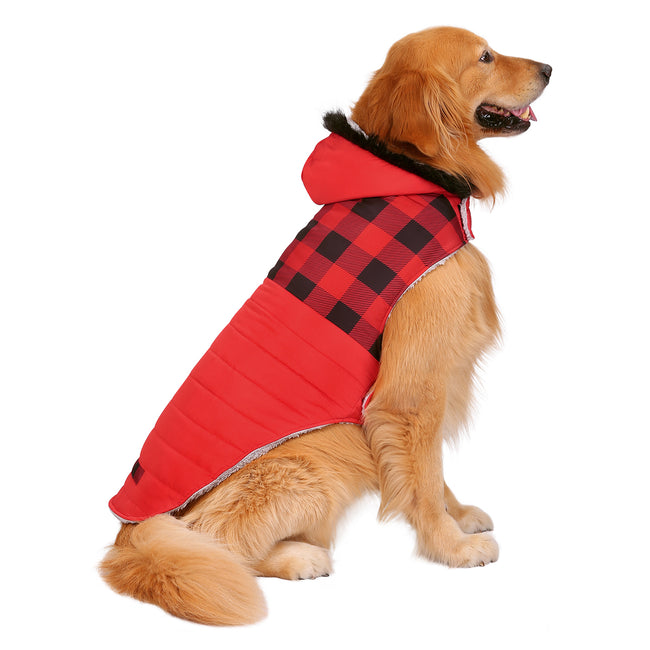 Dog Puffer Jacket with Harness Hole in Buffalo Plaid – back view