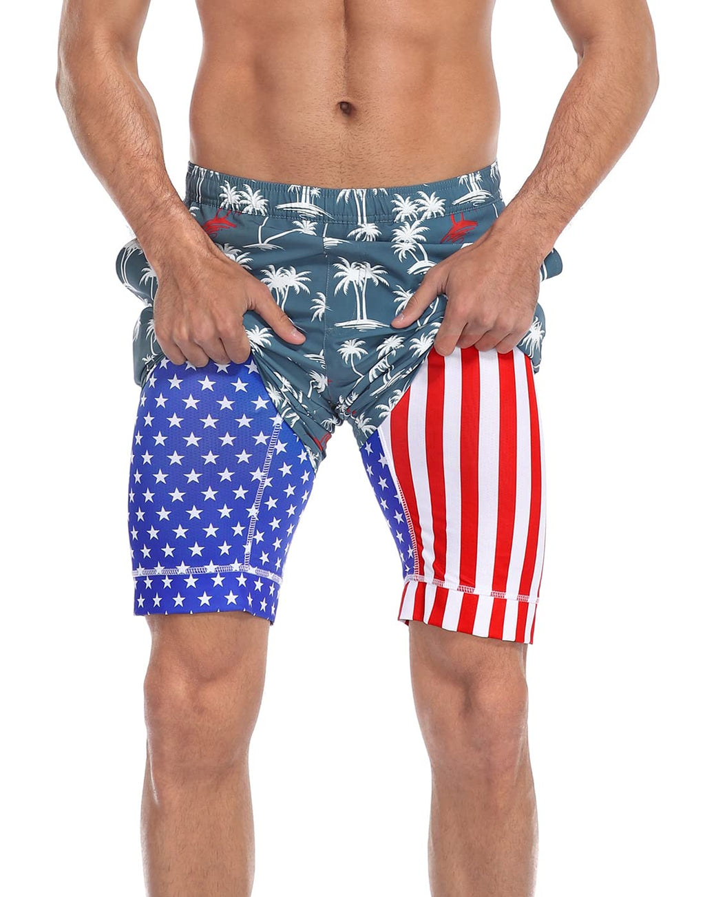 LRD Mens Swim Shorts - Trunks with Compression Liner 9 Inch Inseam Quick Dry Boa - Patriotic Palms