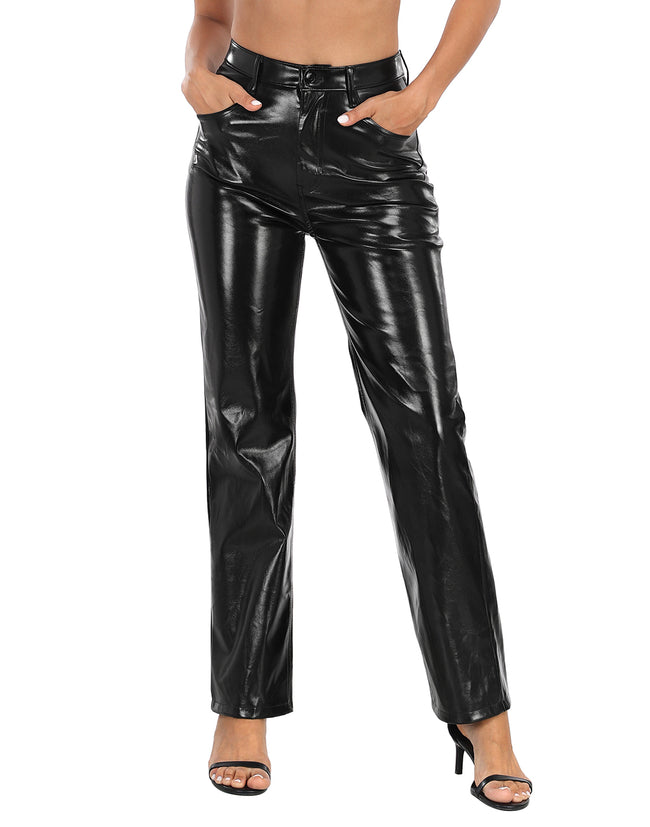 Shiny Metallic Faux Leather Pants – close-up detail
