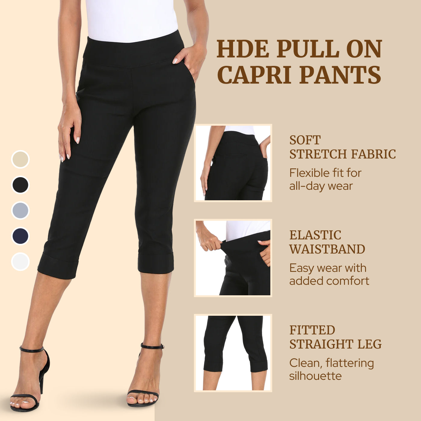Women's 19" Inseam Pull On Capri Pants with Pockets