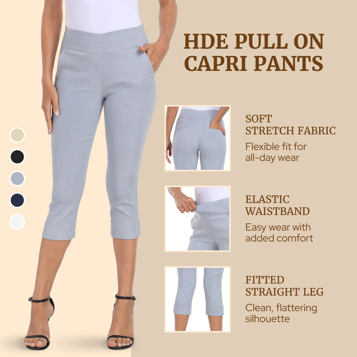 Women's 19" Inseam Pull On Capri Pants with Pockets