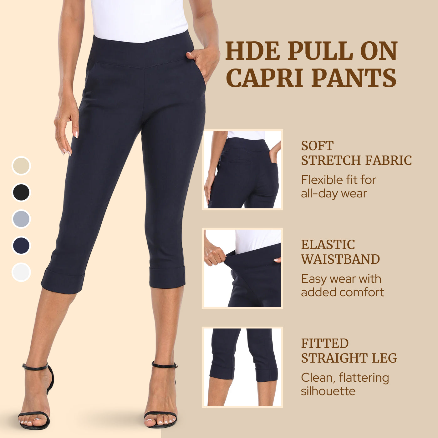 Women's 19" Inseam Pull On Capri Pants with Pockets
