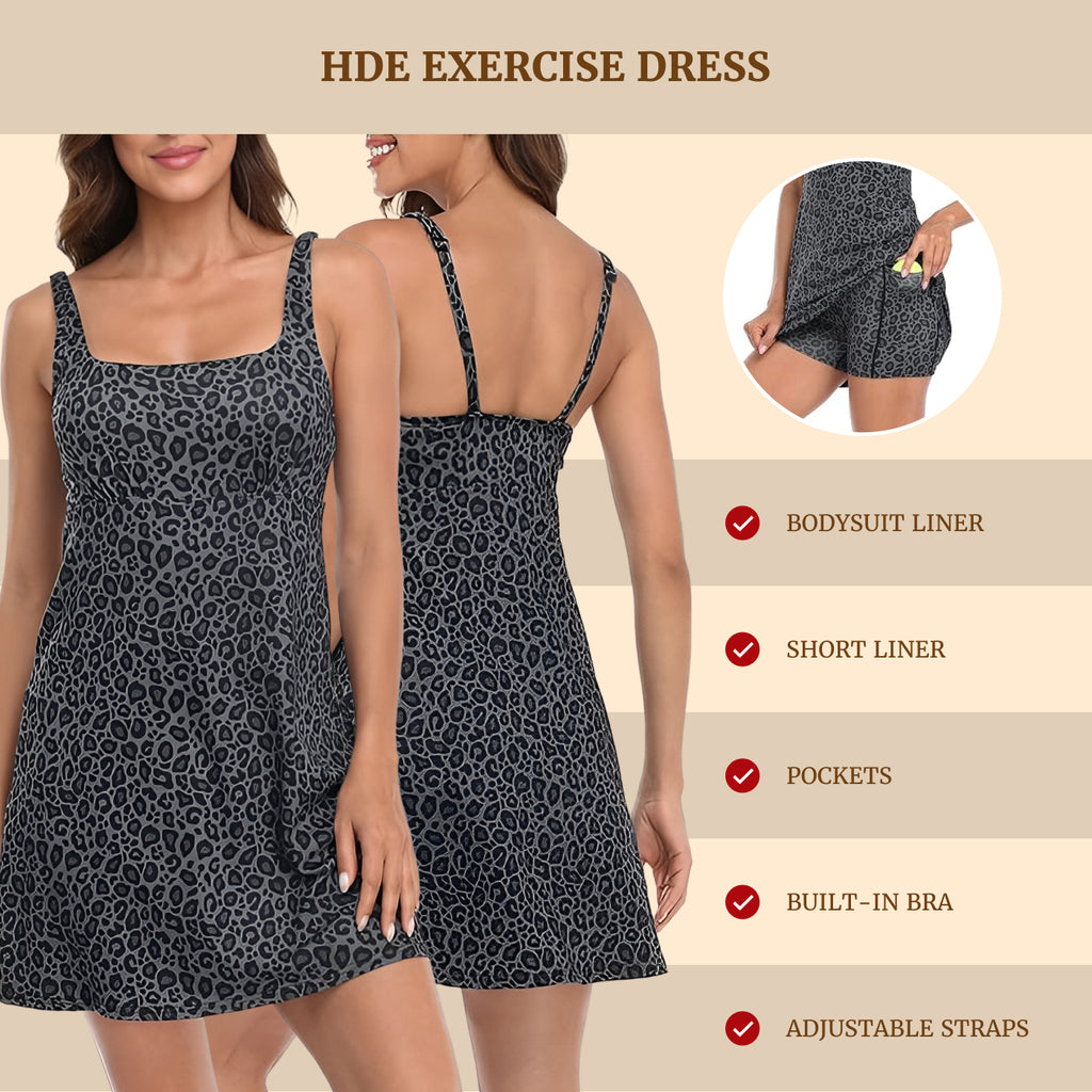 Black Leopard Exercise Workout Dress with Built-in Bra and Shorts