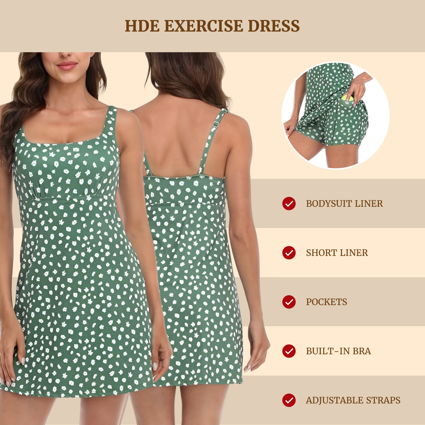 Green Ditsy Floral Exercise Workout Dress with Built-in Bra and Shorts Secondary image