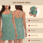 Green Ditsy Floral Exercise Workout Dress with Built-in Bra and Shorts