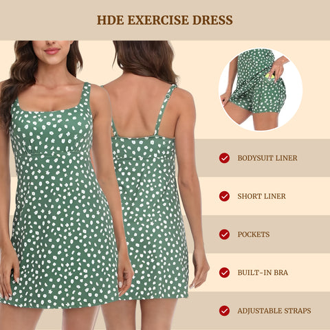 Green Ditsy Floral Exercise Workout Dress with Built-in Bra and Shorts