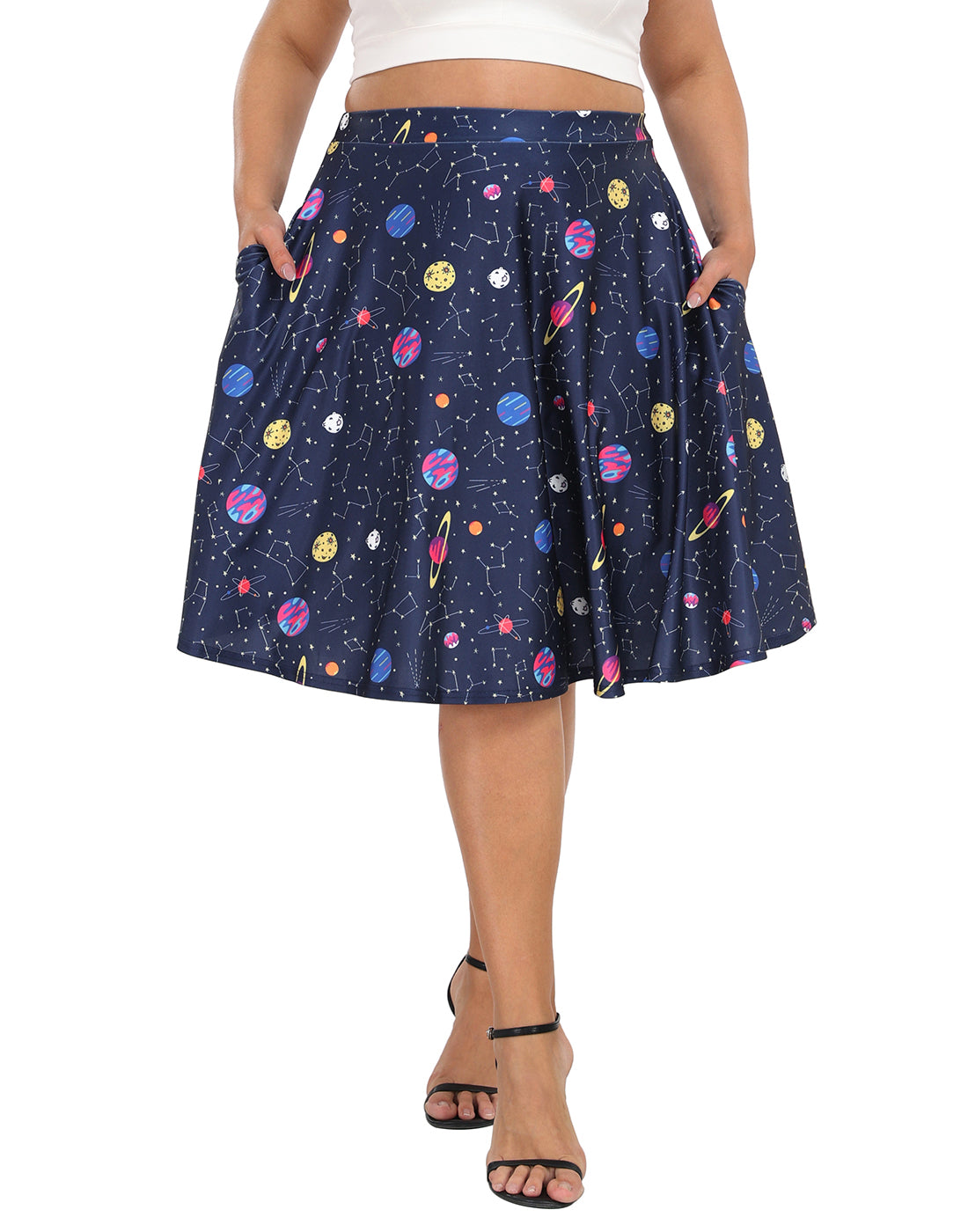 Plus Size Graphic Midi Skater Skirt with Pockets Main image
