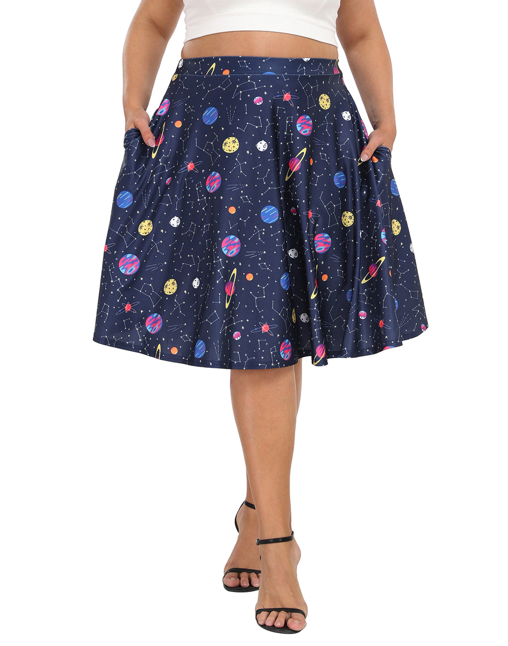 Plus Size Graphic Midi Skater Skirt with Pockets
