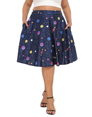Plus Size Graphic Midi Skater Skirt with Pockets in Solar System