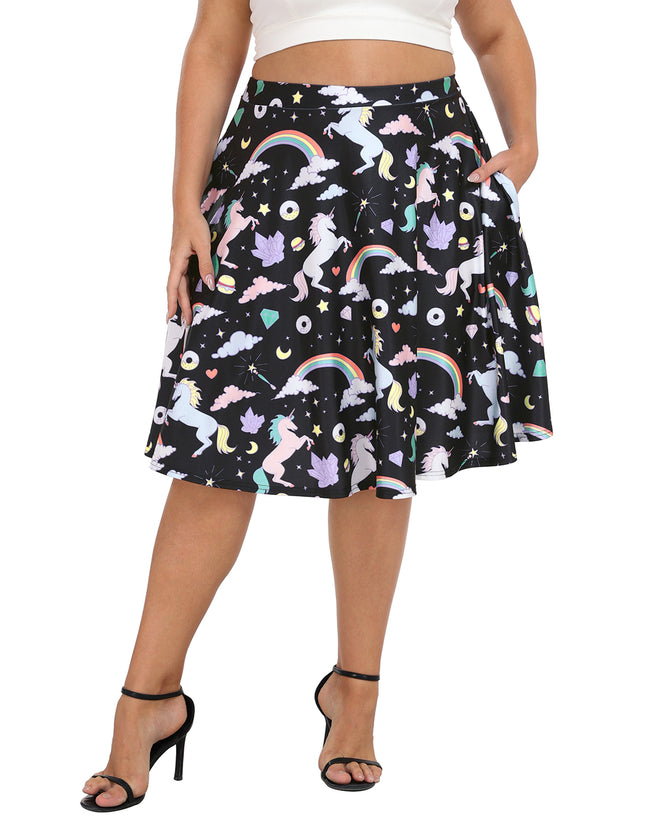 Plus Size Graphic Midi Skater Skirt with Pockets in Unicorns and Rainbows
