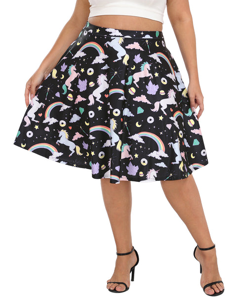 Plus Size Graphic Midi Skater Skirt with Pockets
